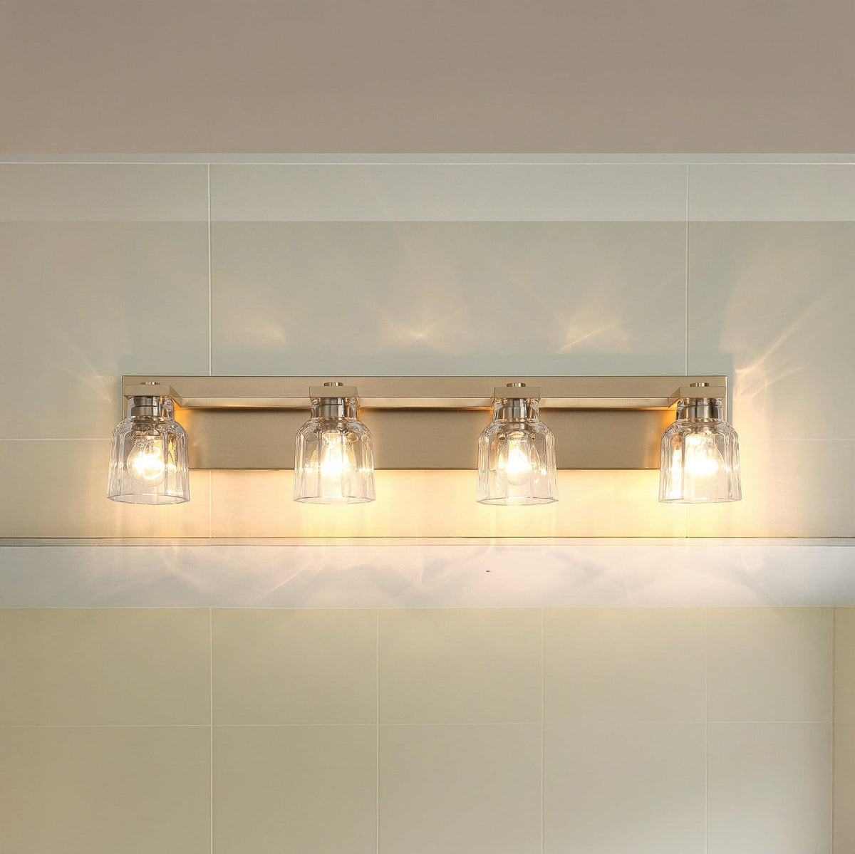 Thesis Dryden bathroom wall lamp, gold, 4-bulb, 32 in, metal and glass