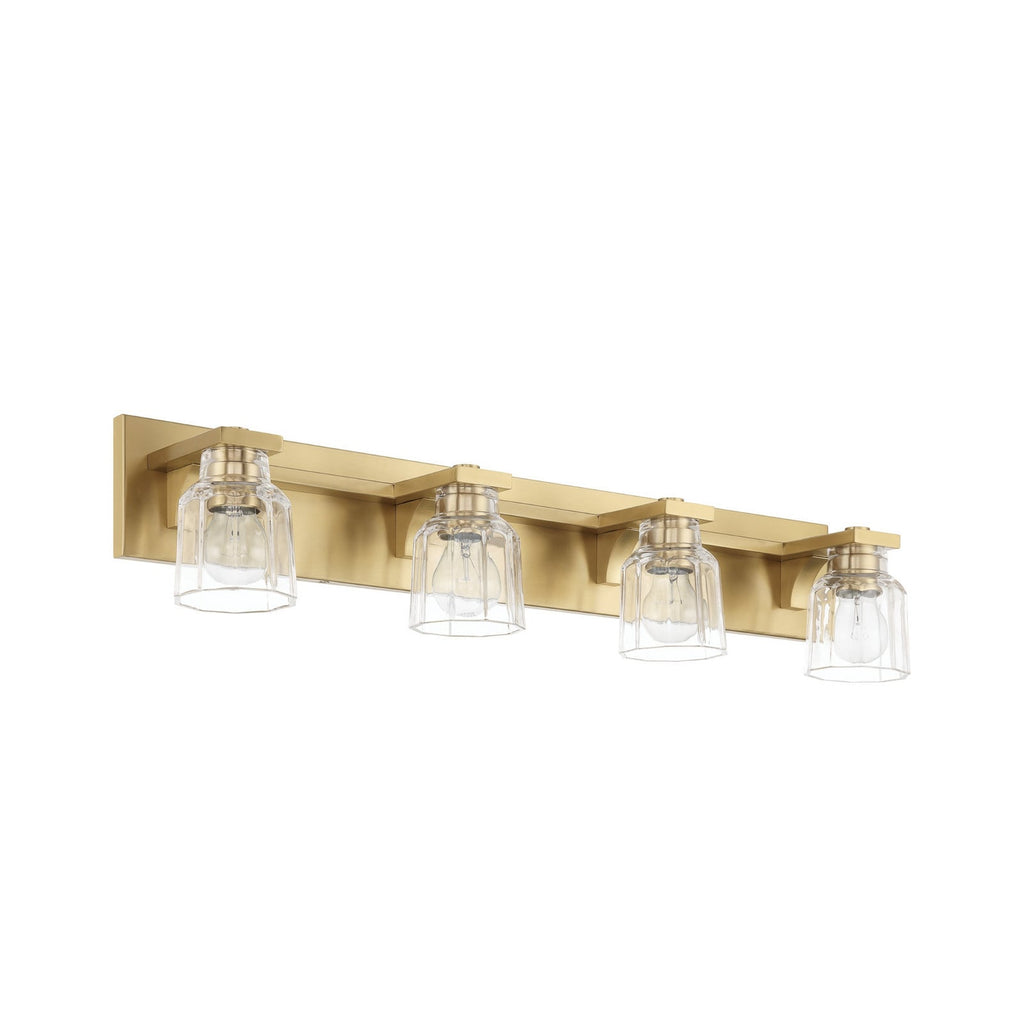 Thesis Dryden bathroom wall lamp, gold, 4-bulb, 32 in, metal and glass
