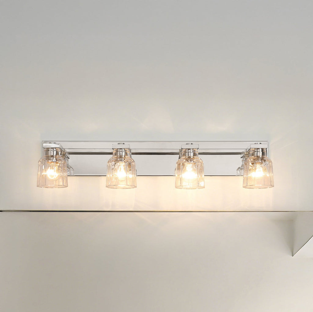 Thesis Dryden bathroom wall lamp, nickel, 4-bulb, 32, in metal and glass