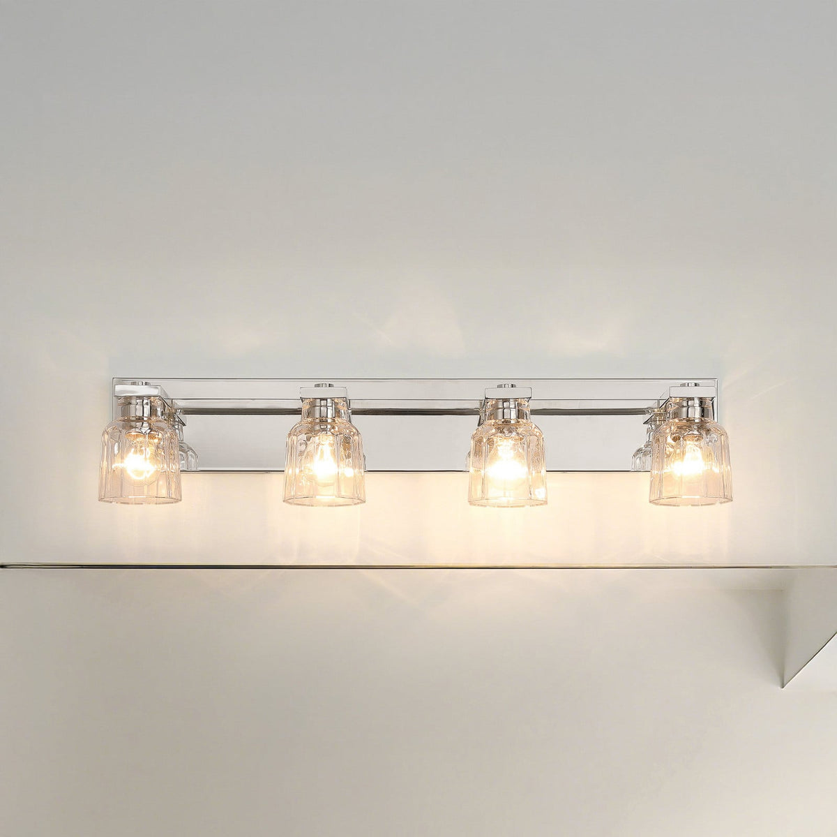 Thesis Dryden bathroom wall lamp, nickel, 4-bulb, 32, in metal and glass