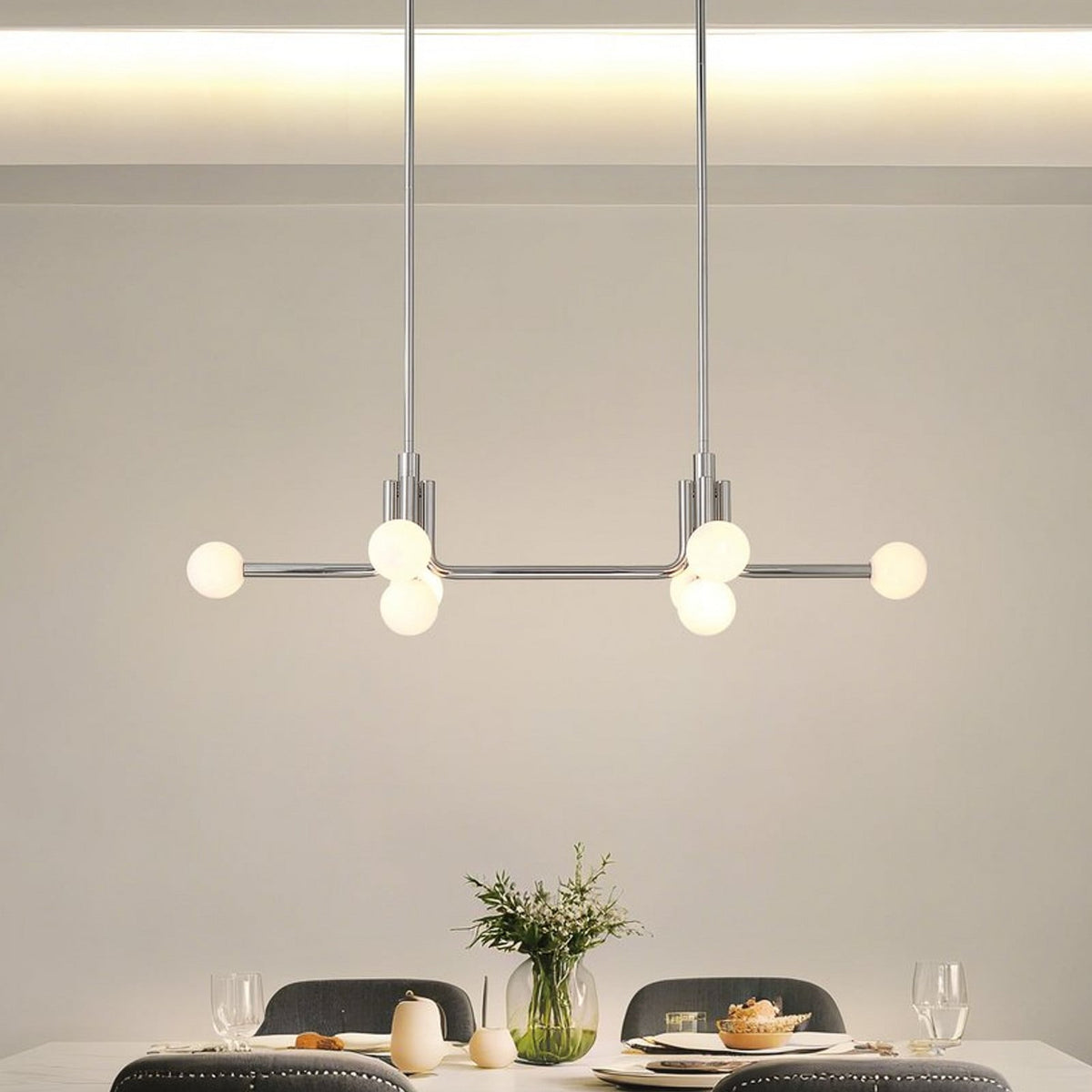 Thesis Stockholm pendant light, nickel, 50 in, 8-bulb, metal