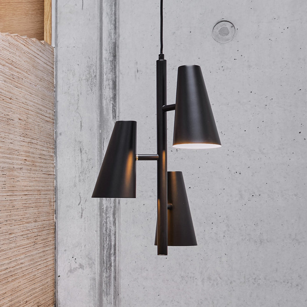 Woud Cono hanging light, black, 3-bulb, E12, Ø 14.2 in
