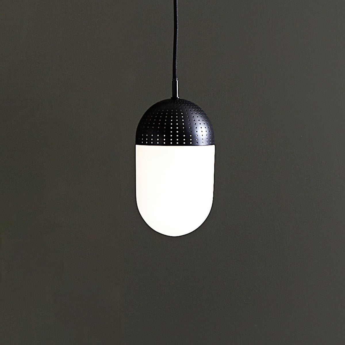 Woud ‘Dot’ hanging light, black/opal, height 8.27 in, E12, glass