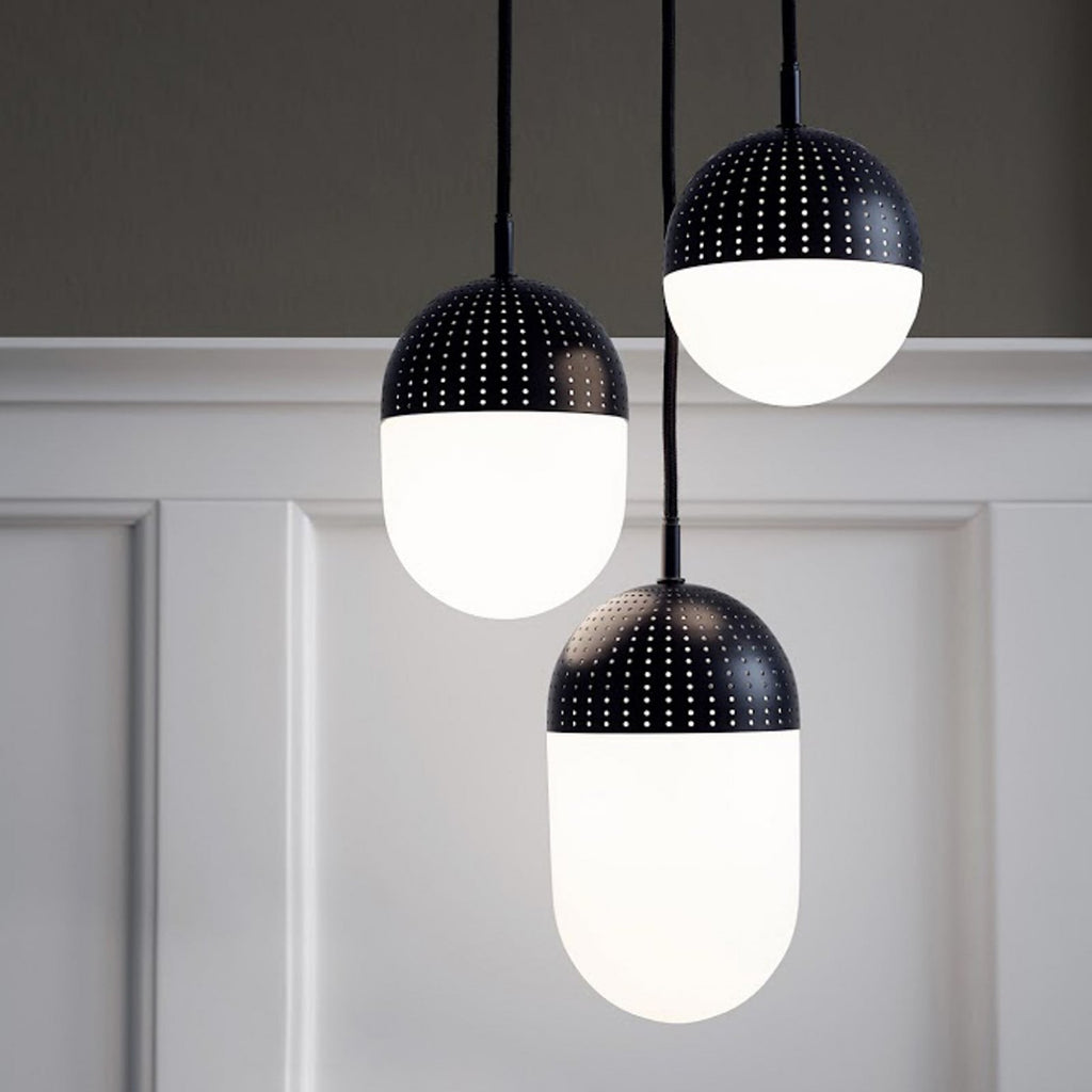 Woud ‘Dot’ hanging light, black/opal, height 8.27 in, E12, glass