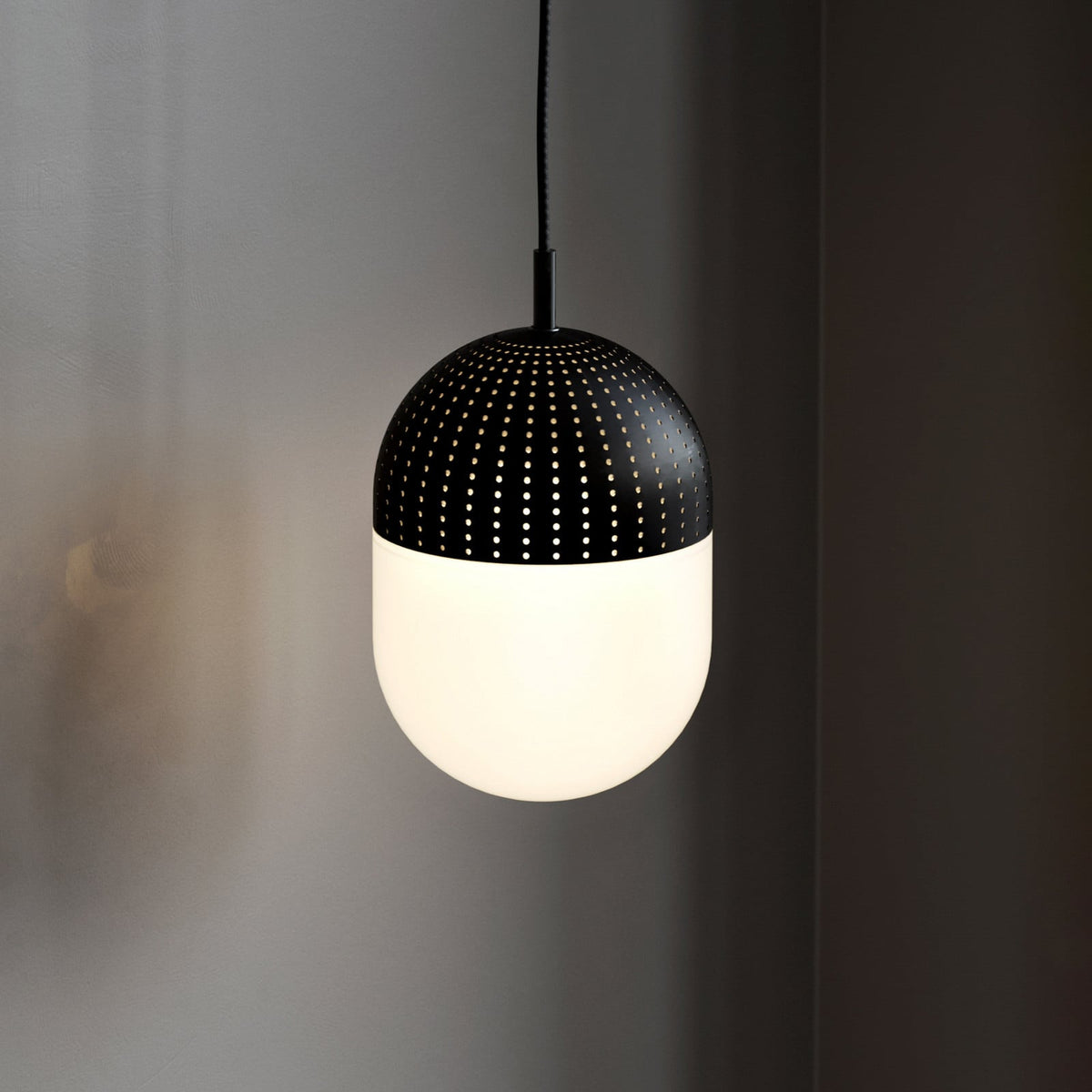 Woud ‘Dot’ hanging light, black/opal, height 6.54 in, E12, glass