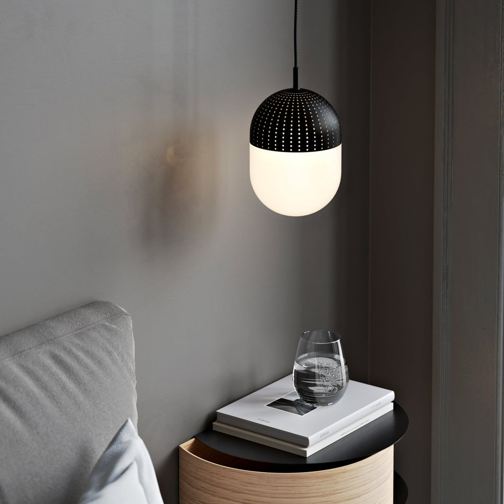 Woud ‘Dot’ hanging light, black/opal, height 6.54 in, E12, glass