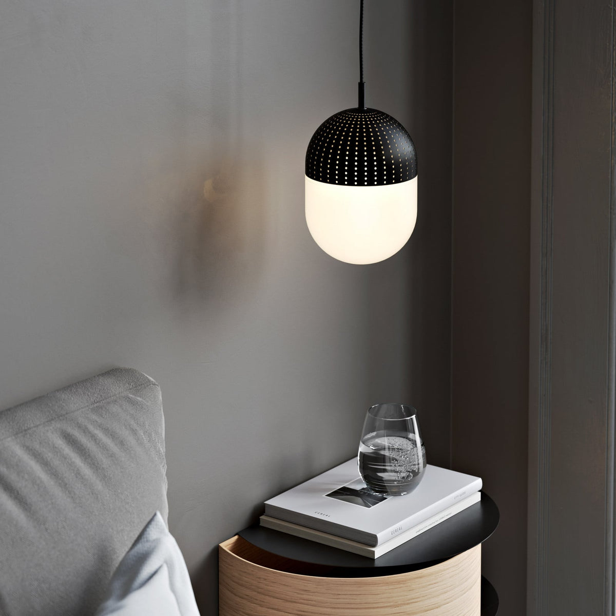 Woud ‘Dot’ hanging light, black/opal, height 6.54 in, E12, glass