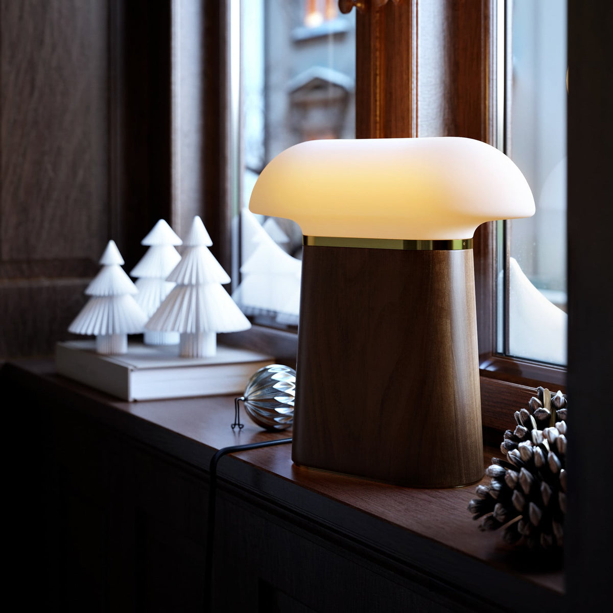 Woud Nova table lamp, walnut/opal, height 10.8 in, wood, E12