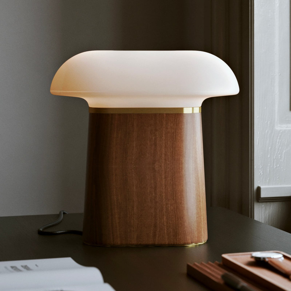 Woud Nova table lamp, walnut/opal, height 10.8 in, wood, E12