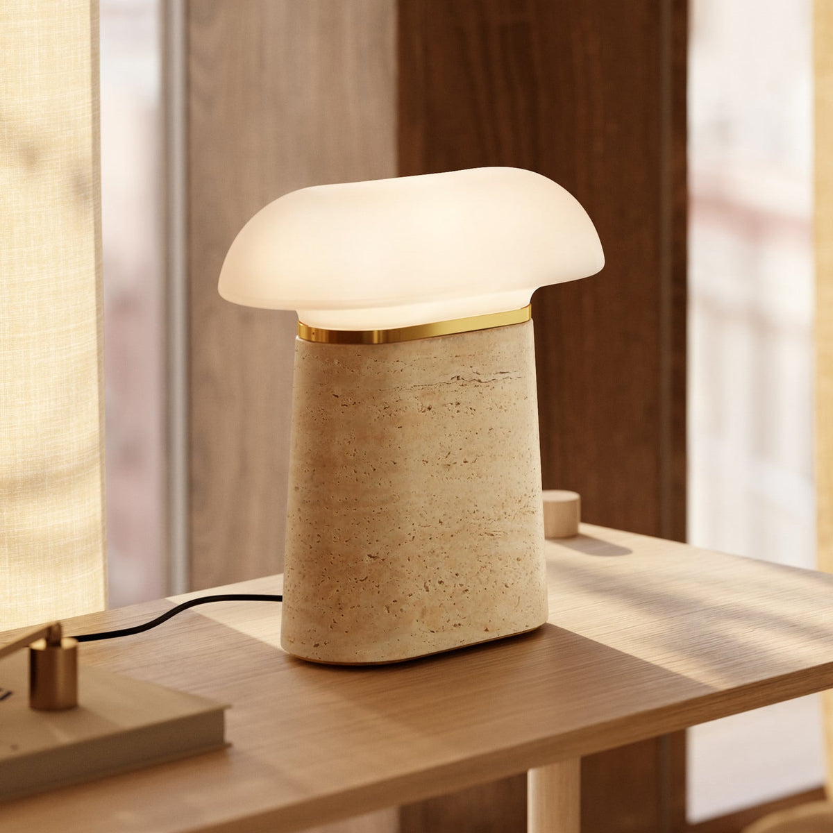 Woud Nova table lamp, cream/opal, height 10.8 in, travertine, E12