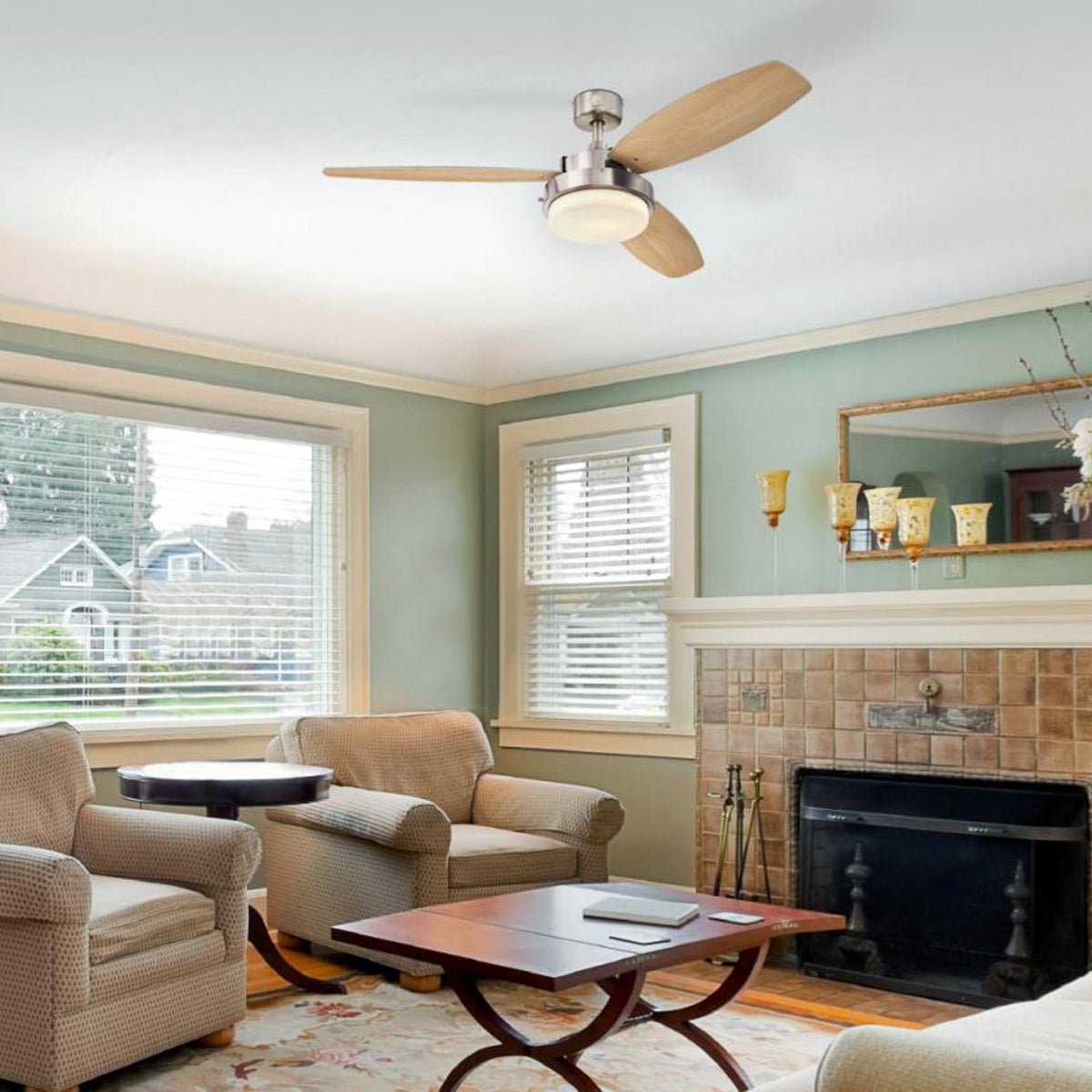 Alloy ceiling fan with light, wood/chrome, 52 in, E26 LED