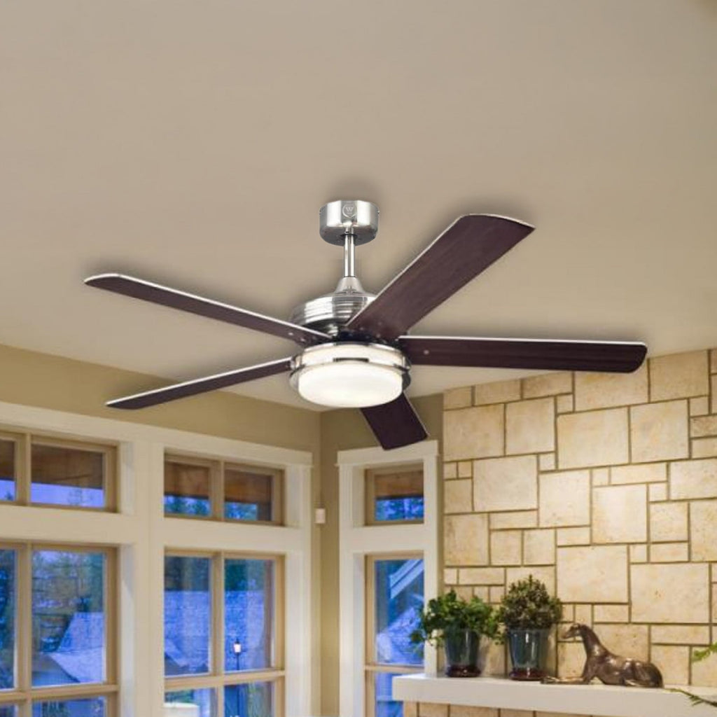 Castle ceiling fan with light, wood/chrome, 52 in E26 LED