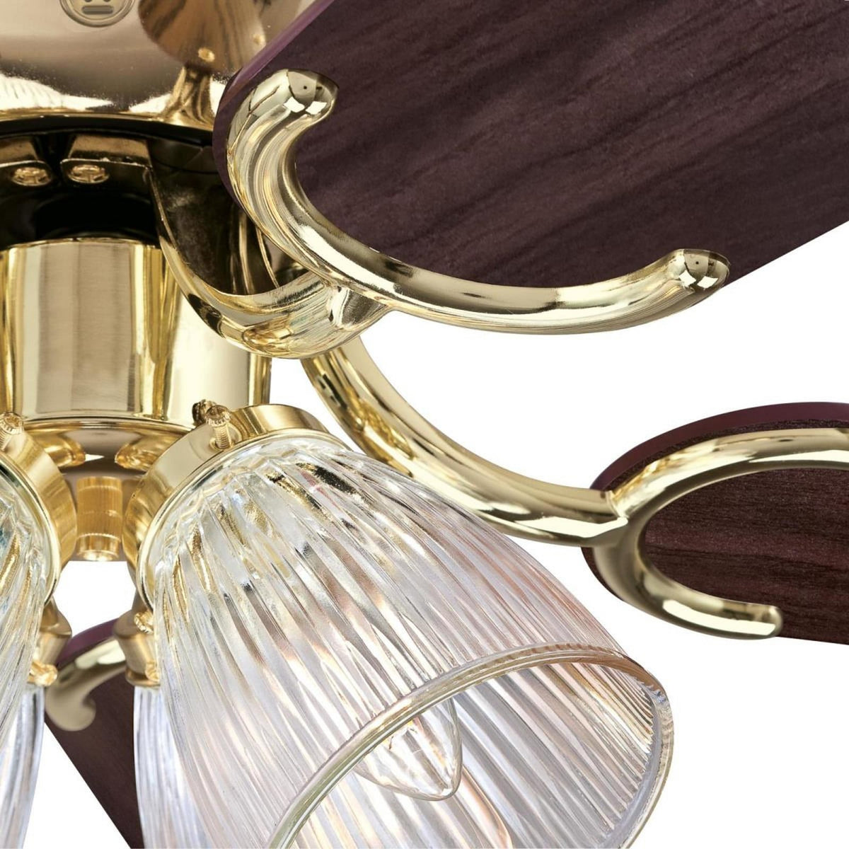 Contempra ceiling fan, light, wood/brass, 52in, E12 LED