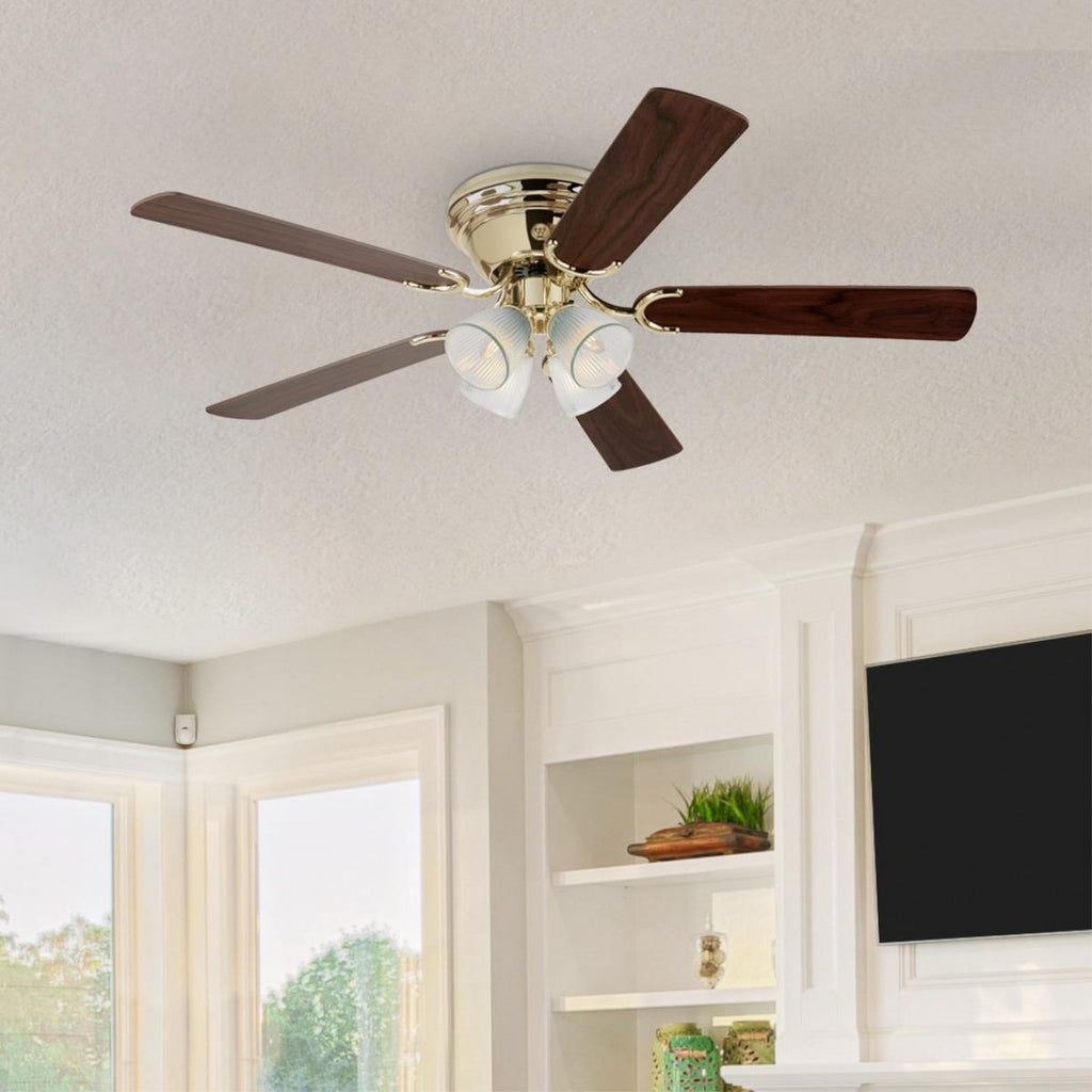 Contempra ceiling fan, light, wood/brass, 52in, E12 LED