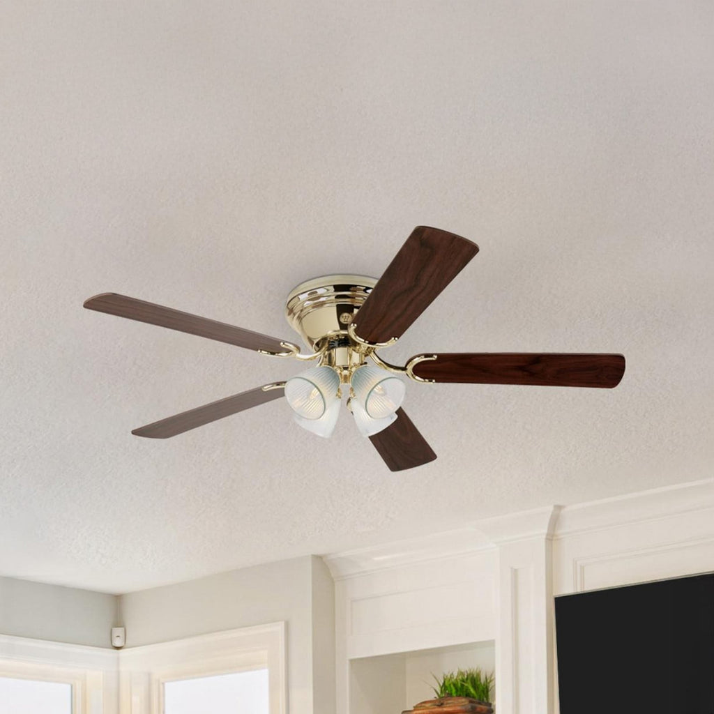 Contempra ceiling fan, light, wood/brass, 52in, E12 LED