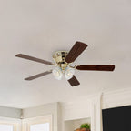 Contempra ceiling fan, light, wood/brass, 52in, E12 LED