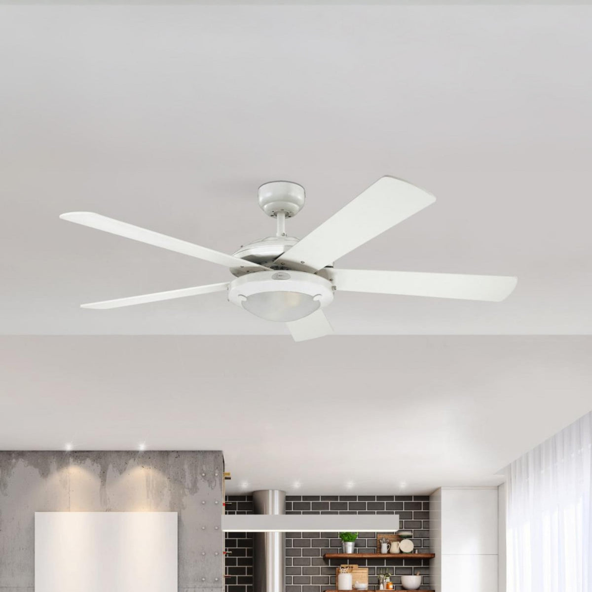 Comet LED ceiling fan, white/wood, 52 in