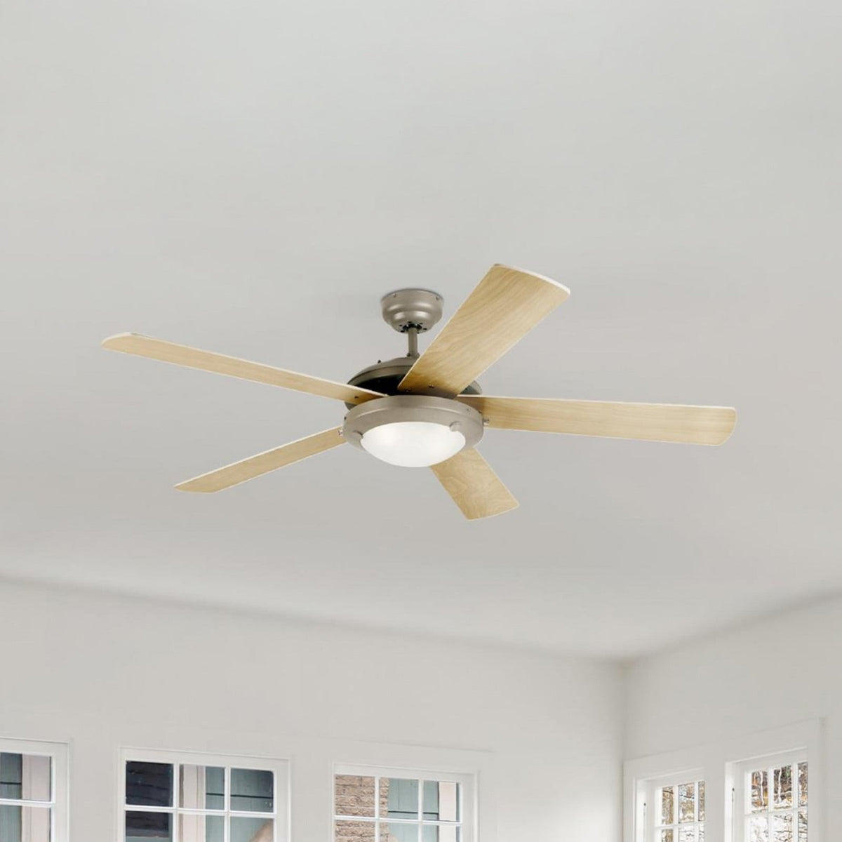 Comet LED ceiling fan, wood/white/pewter, 52 in