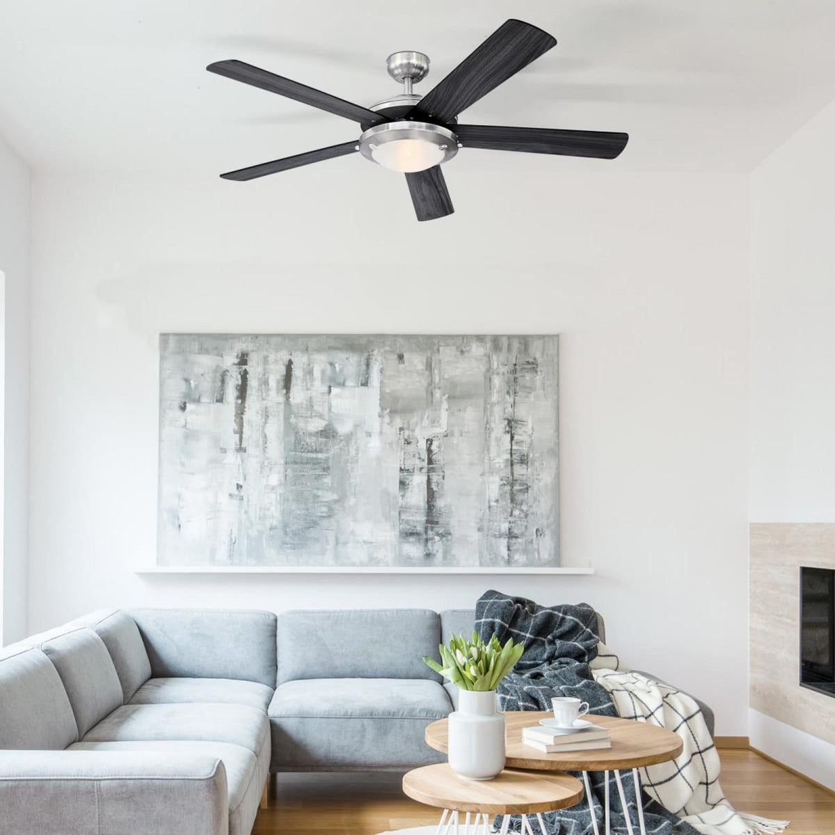 Comet ceiling fan with light, anthracite/wood/nickel, 52 in