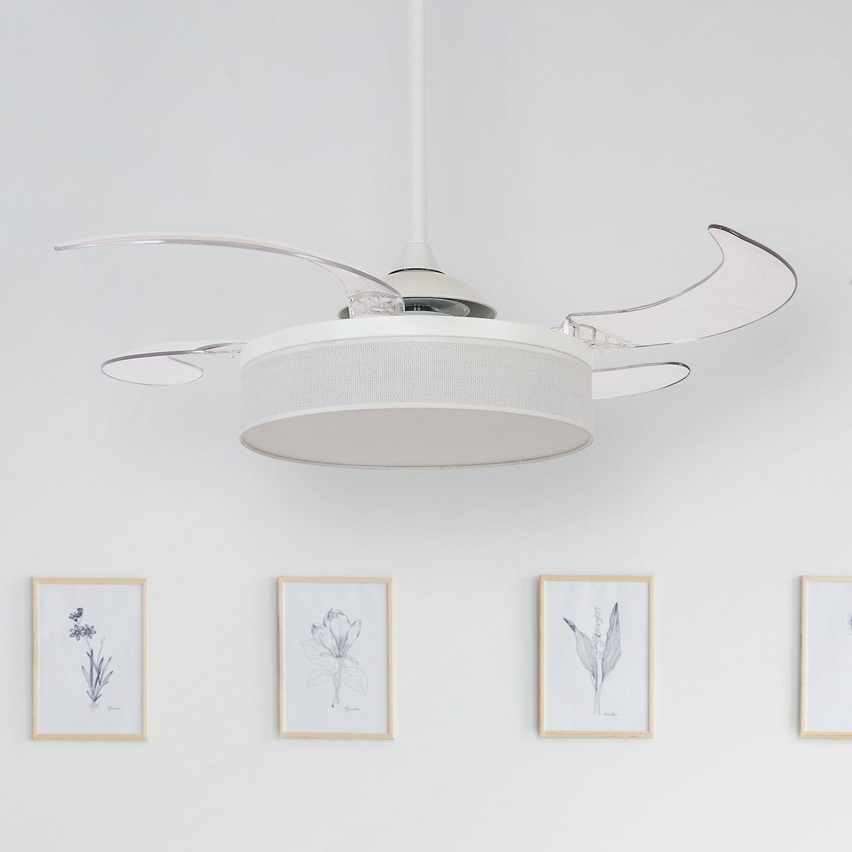 Fraser ceiling fan with light, white/clear, Ø 48.03, quiet