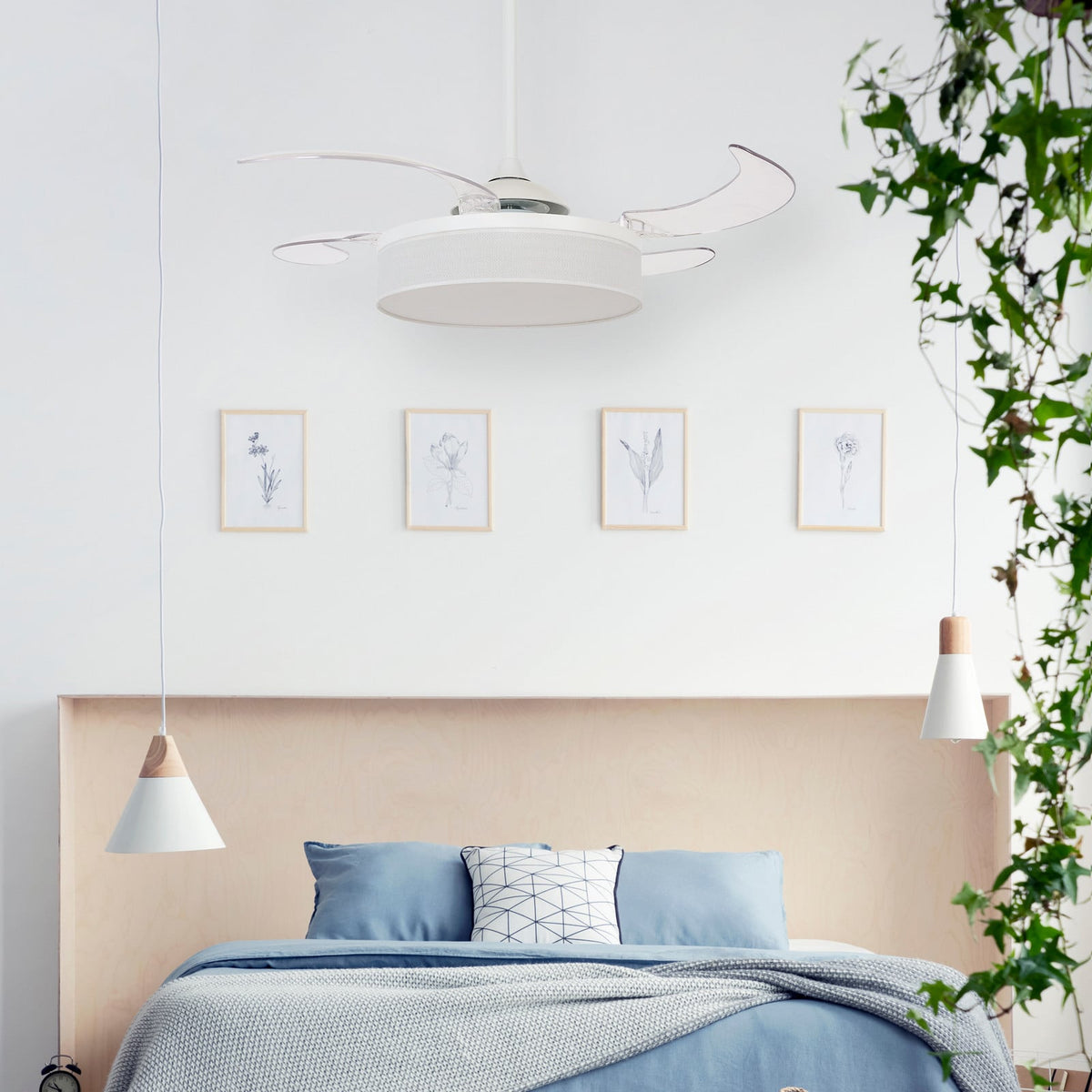 Fraser ceiling fan with light, white/clear, Ø 48.03, quiet