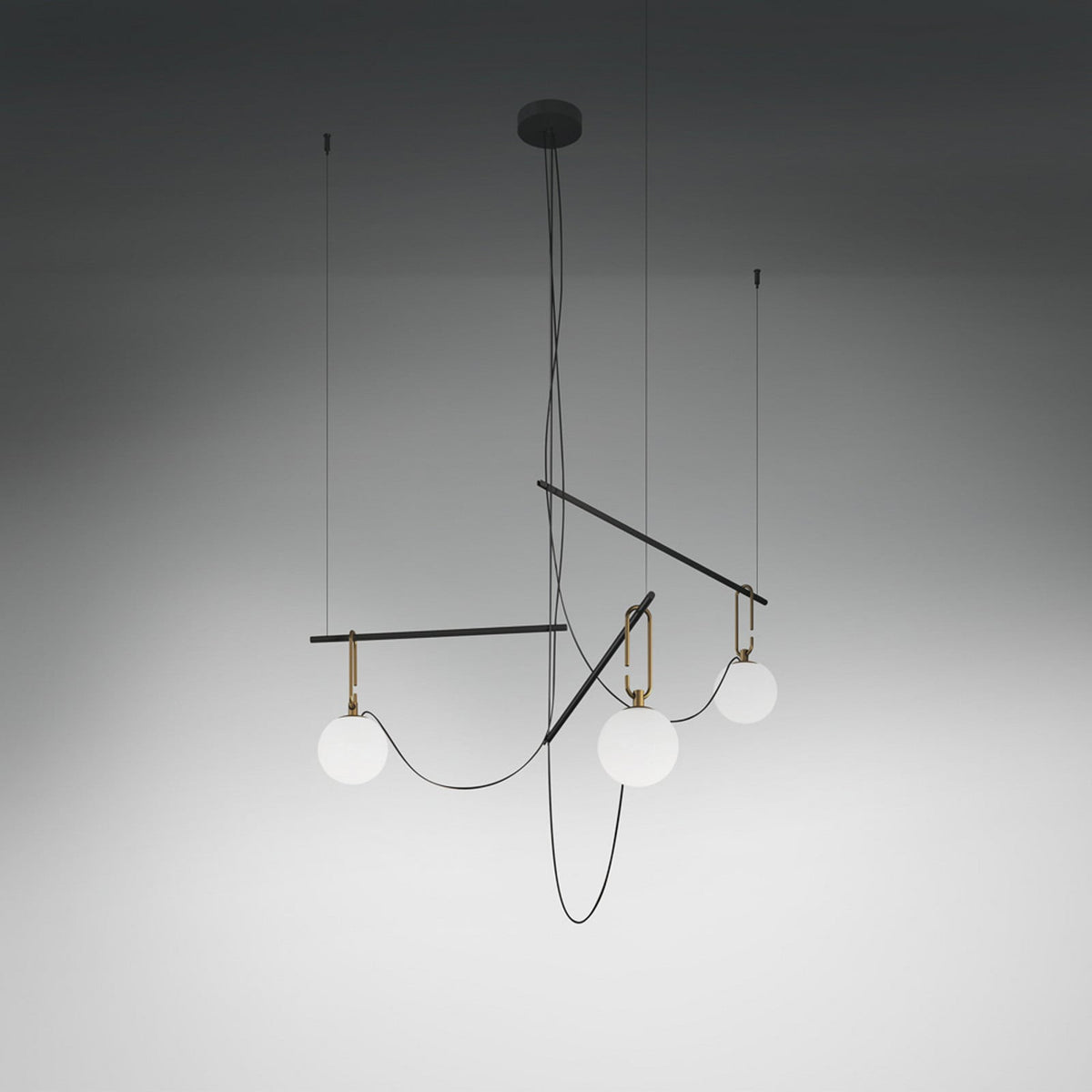 Artemide S3 hanging light, black/gold, 46 x 37 in, 3-bulb