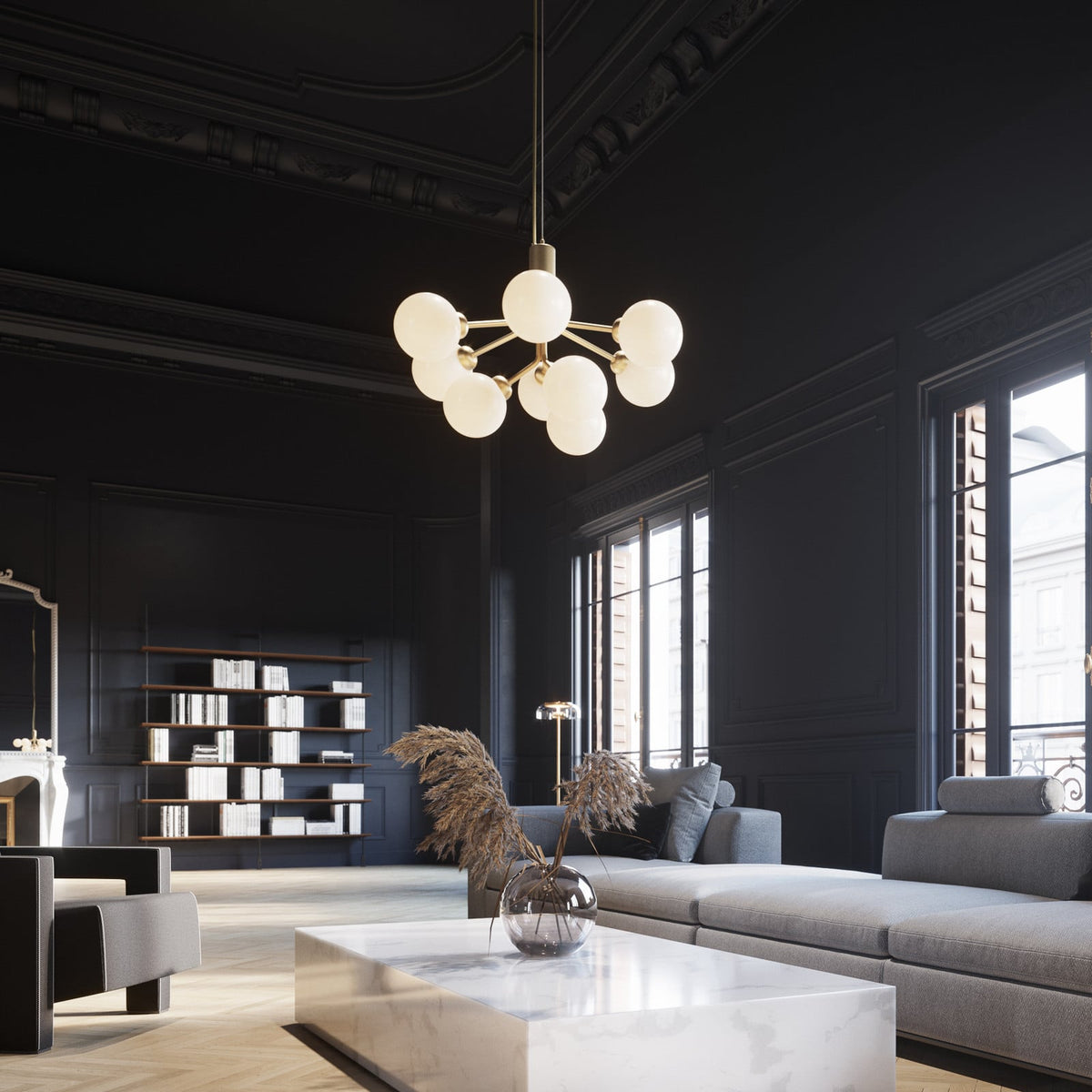 Nuura Apiales 9 pendant light, brushed brass/opal, Ø 23.4 in