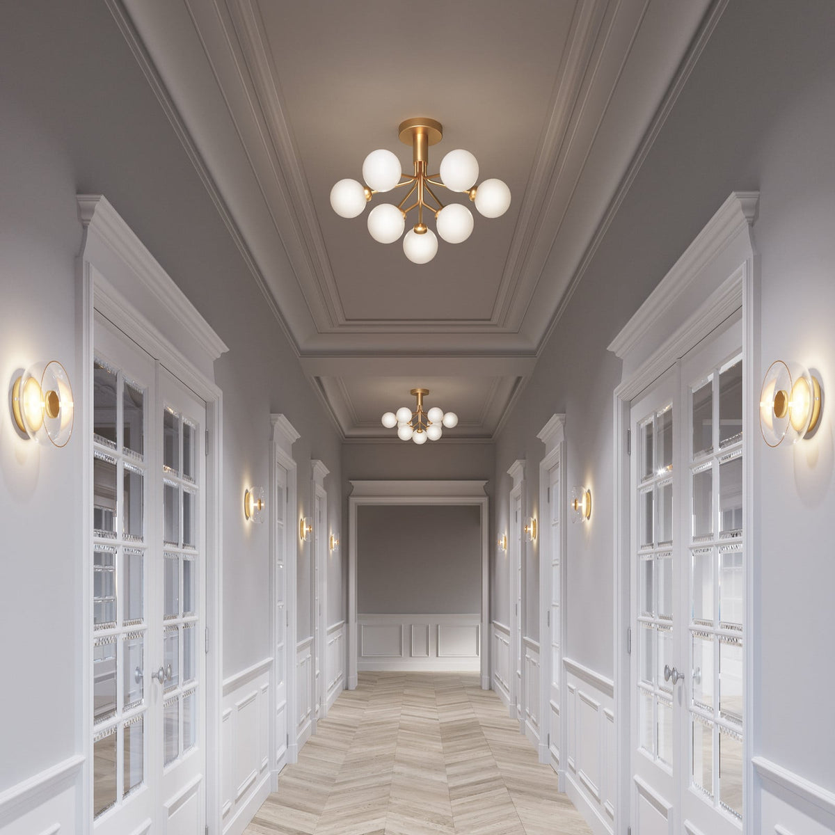 Nuura Apiales 9 ceiling light, brushed brass/opal, Ø 23.4 in