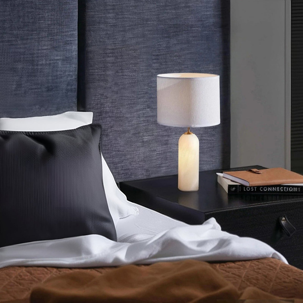 FIRMA table lamp, white, fabric/marble, height 16.5 in, E26/G9