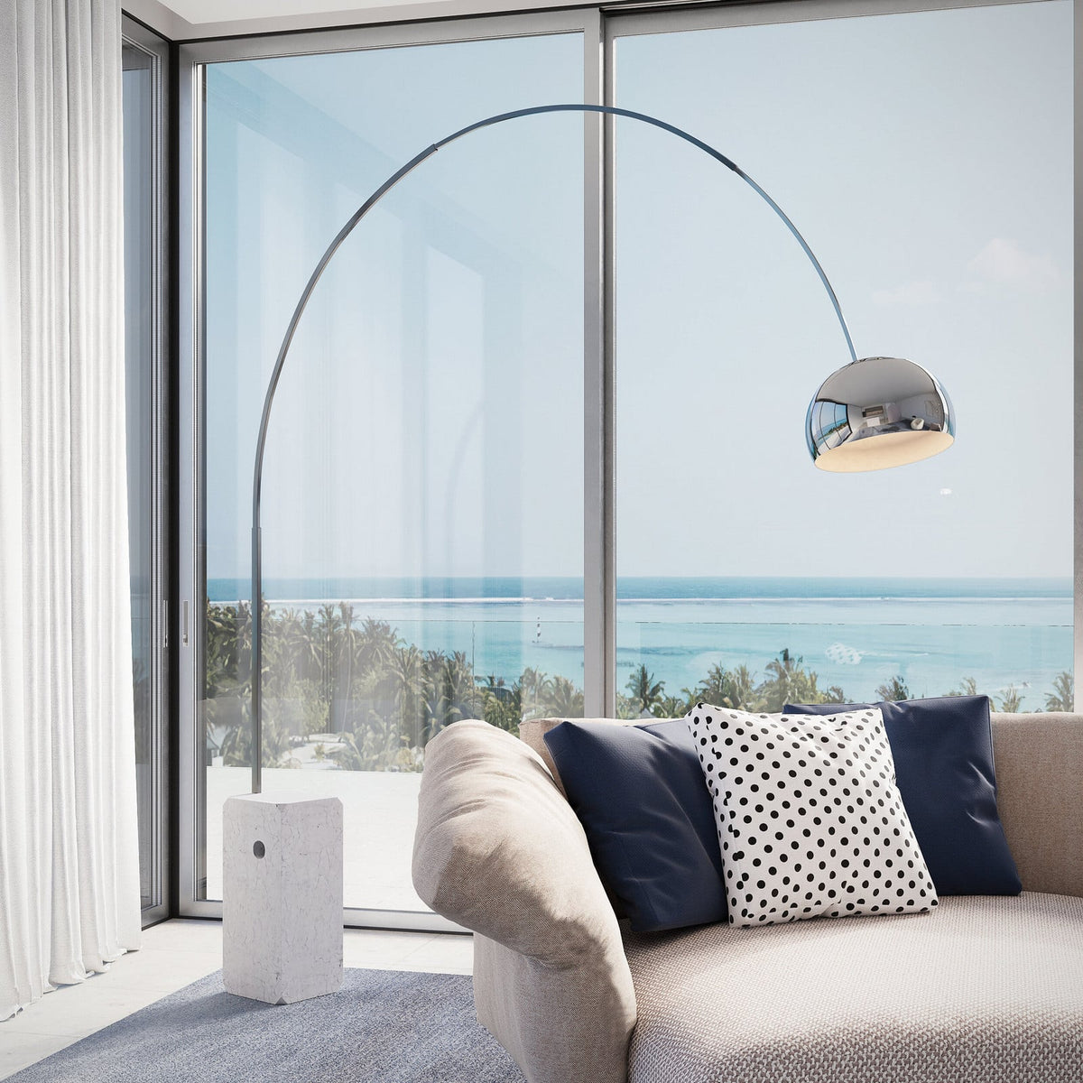 FLOS Arco E26 floor lamp, marble base, stainless steel, aluminium