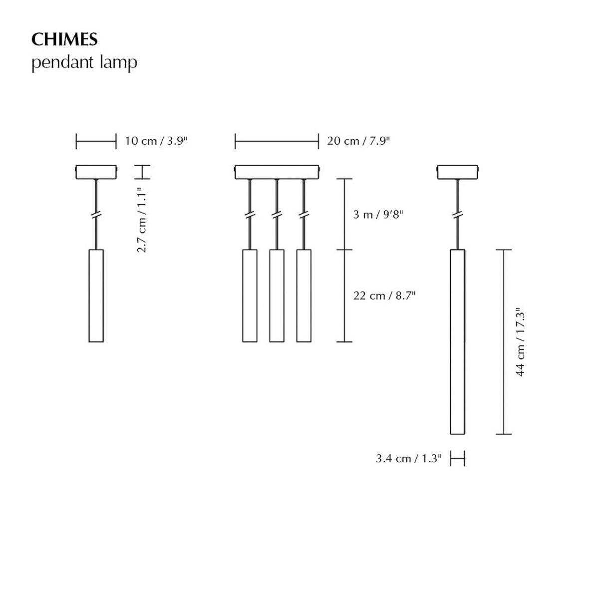 UMAGE LED hanging light, ‘Chimes Cluster’, dark oak, 3-bulb