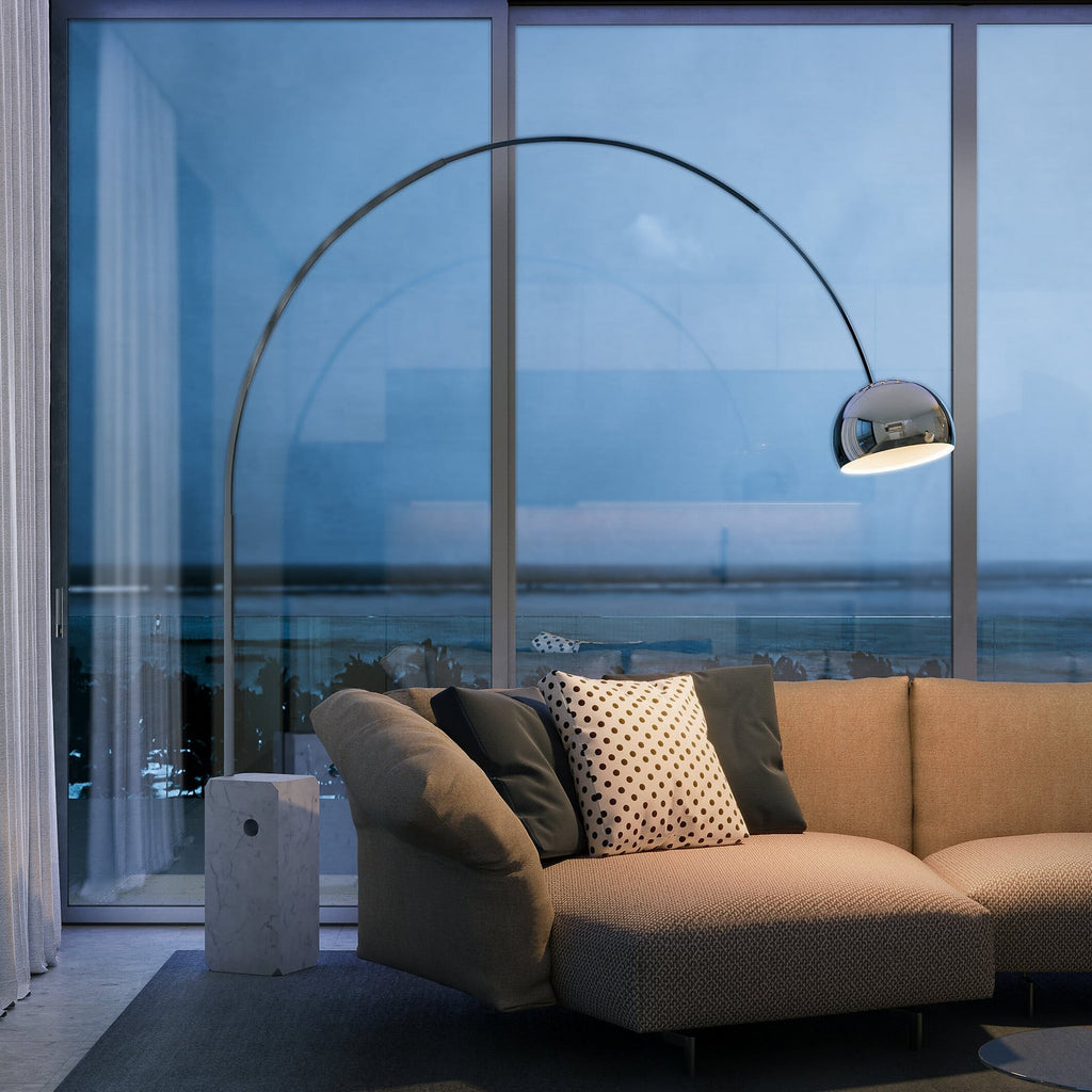 FLOS Arco LED floor lamp, marble base, stainless steel, aluminium, 2,700K
