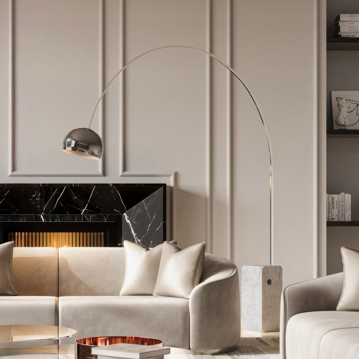 FLOS Arco LED floor lamp, marble base, stainless steel, aluminium, 2,700K