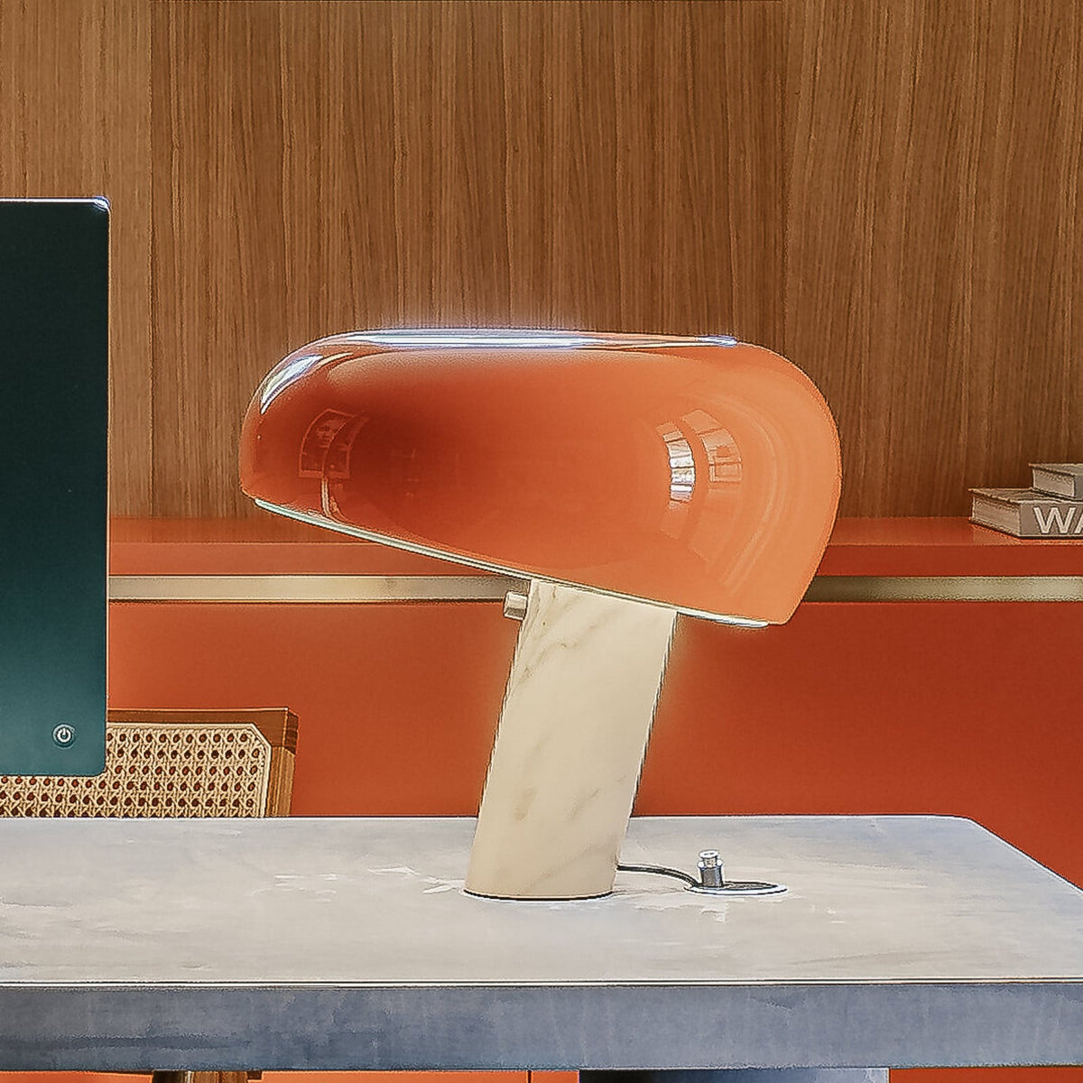FLOS Snoopy table lamp, orange, glass, aluminium, height 36.9 cm