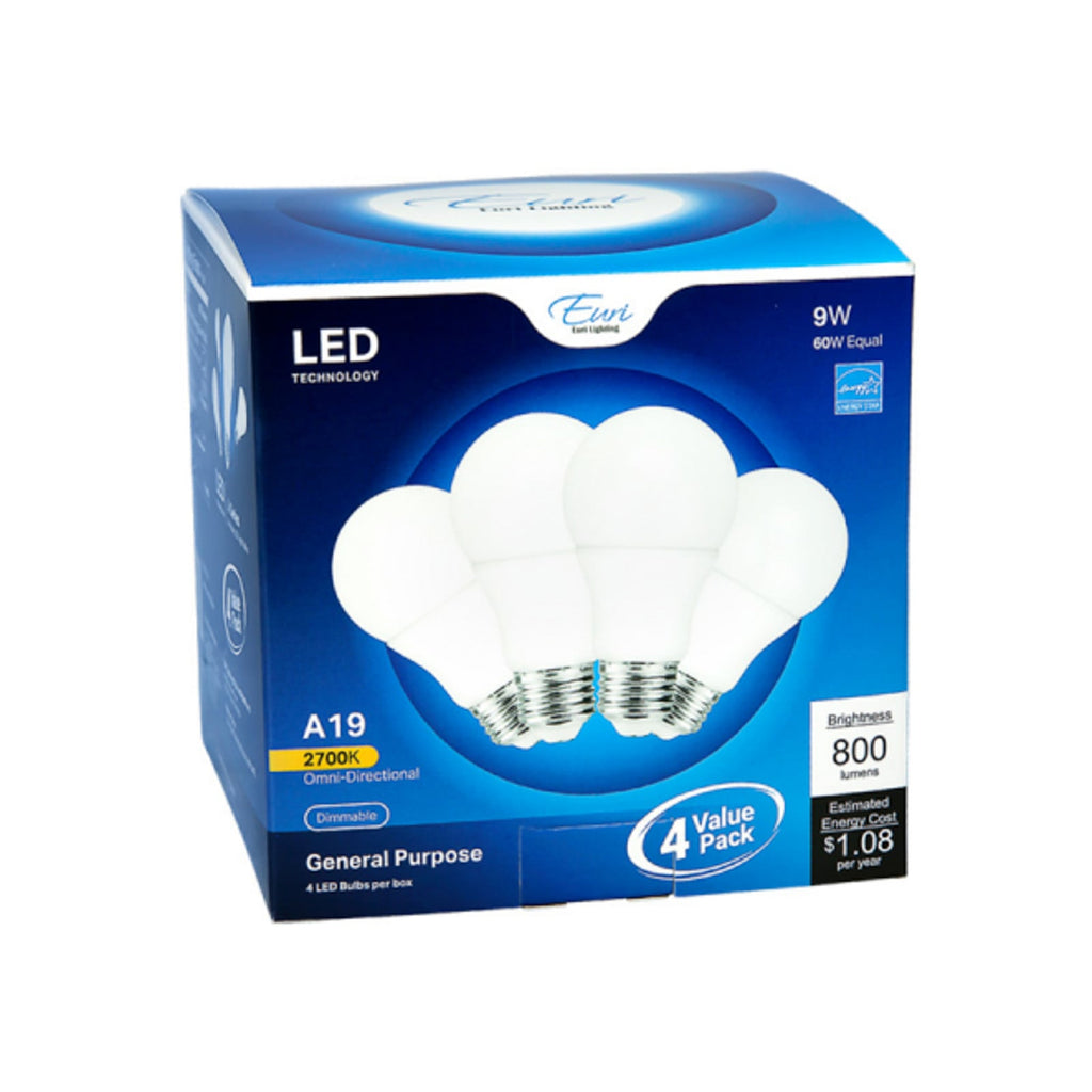 E26 A19 LED bulb, 9 W, 800 lm, 2,700 K, set of 4