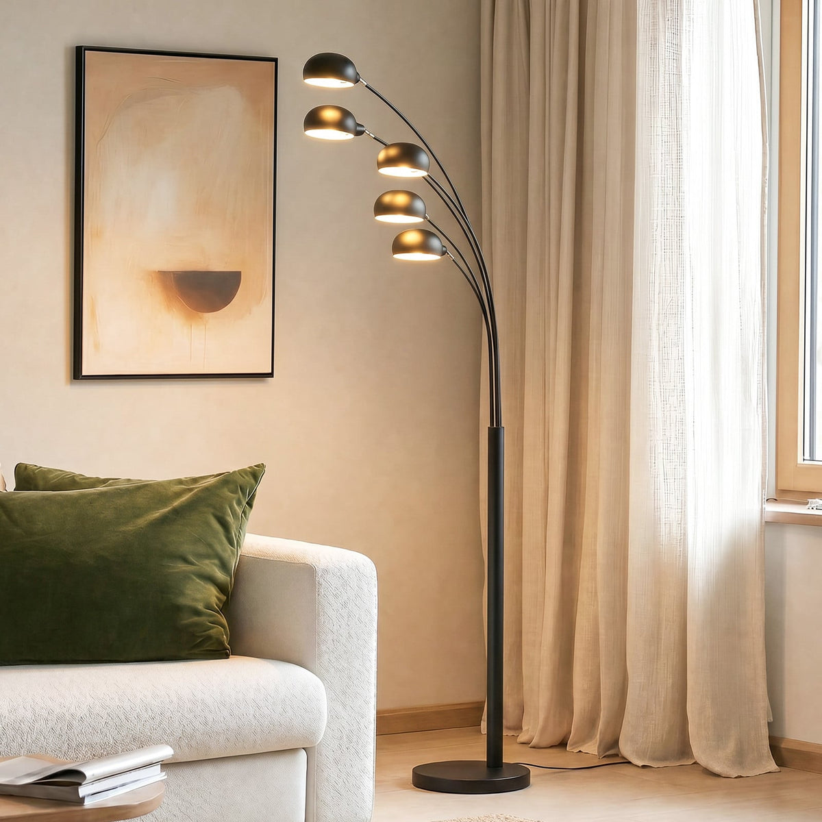 Lucande Jewa floor lamp, black, metal, 5-bulb